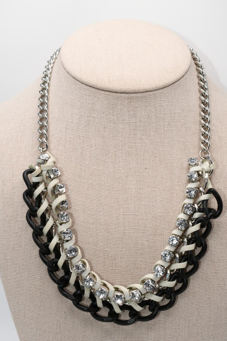 Modern Rhinestone Leather Wrapped Chain Necklace Black Silver 22 Inch